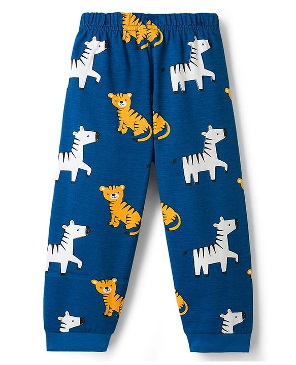 Babyhug 100% Cotton Knit Full Sleeves T-Shirt & Pyjama Co-ord Night Suit with Tiger & Zebra Print - Teal Blue