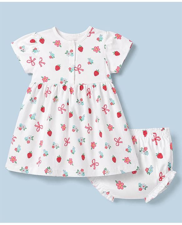 Babyhug 100% Cotton Knit Half Sleeves Floral Printed Frock With Bloomer - White