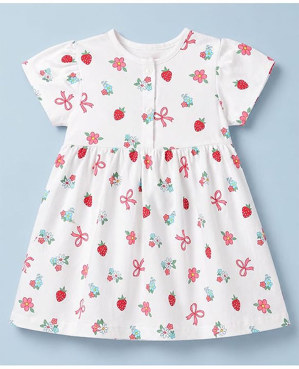 Babyhug 100% Cotton Knit Half Sleeves Floral Printed Frock With Bloomer - White