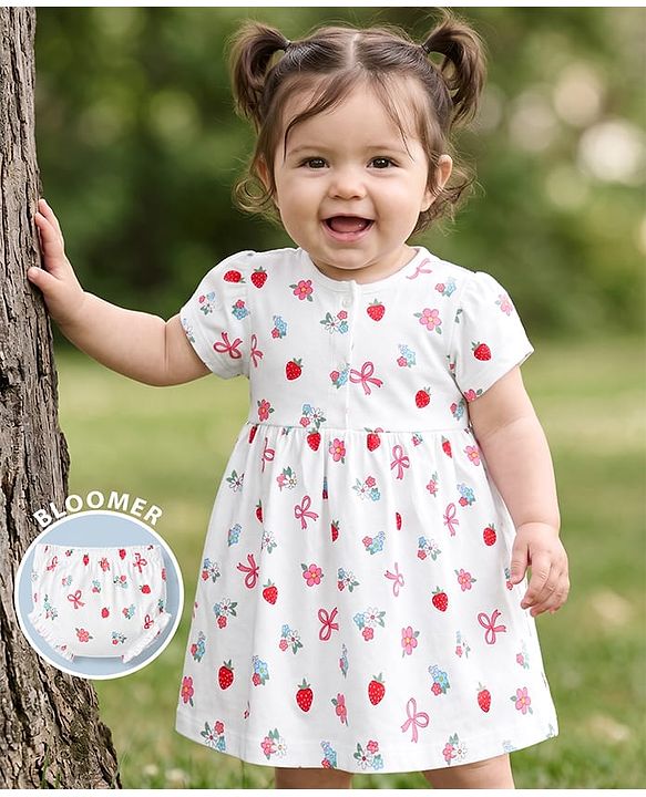 Babyhug 100% Cotton Knit Half Sleeves Floral Printed Frock With Bloomer - White