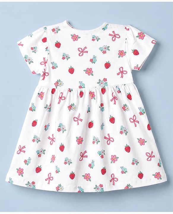 Babyhug 100% Cotton Knit Half Sleeves Floral Printed Frock With Bloomer - White