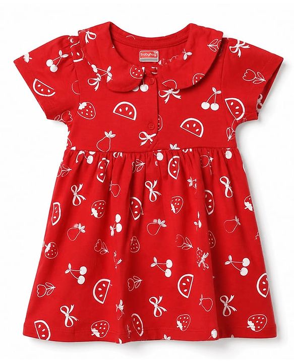 Babyhug 100% Cotton Single Jersey Knit Half Sleeves Peter Pan Collared Floral Printed Frock with Bloomer - Red