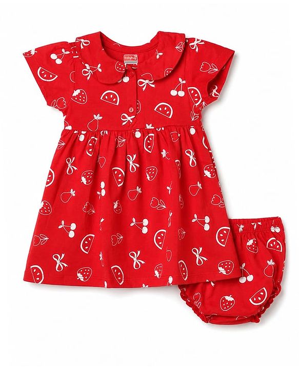 Babyhug 100% Cotton Single Jersey Knit Half Sleeves Peter Pan Collared Floral Printed Frock with Bloomer - Red