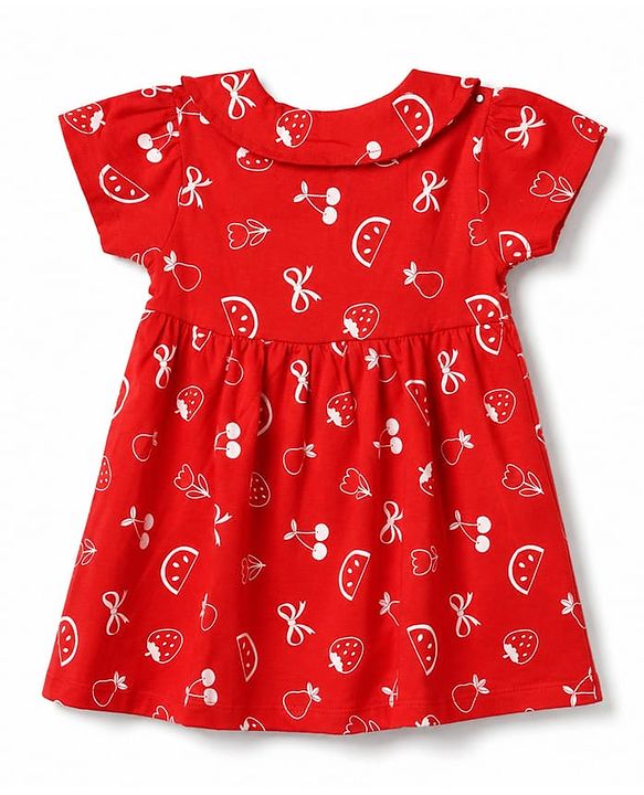 Babyhug 100% Cotton Single Jersey Knit Half Sleeves Peter Pan Collared Floral Printed Frock with Bloomer - Red