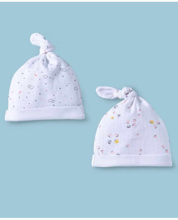 Babyhug 100% Cotton Interlock Knit Printed Baby Caps Pack of 2 Multicolor - Diameter 11.5 cm