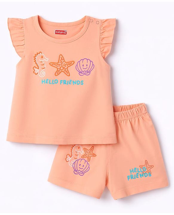 Babyhug Cotton Knit Sleeveless Top & Shorts Night-Suit With Sea Life Print - Dark Peach
