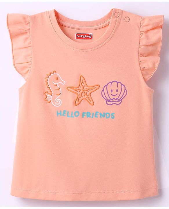 Babyhug Cotton Knit Sleeveless Top & Shorts Night-Suit With Sea Life Print - Dark Peach