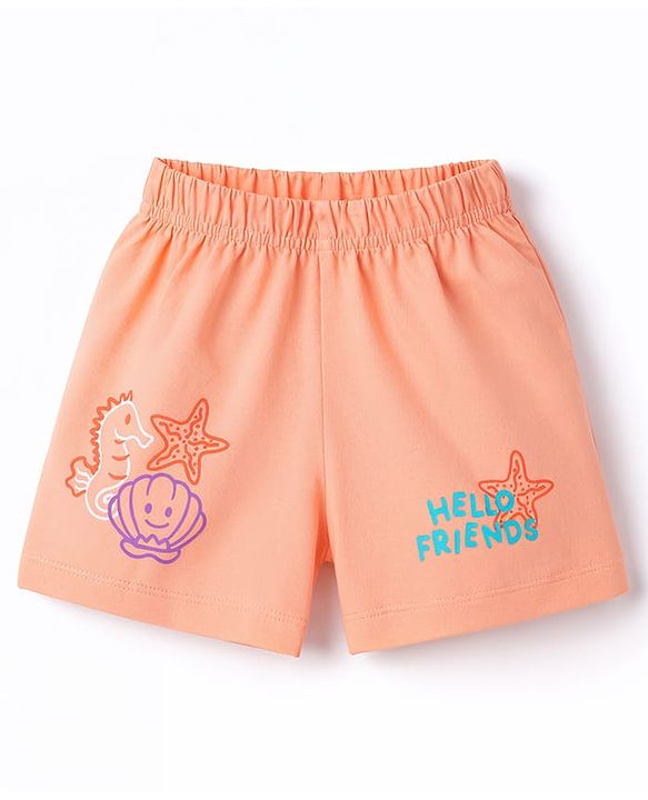 Babyhug Cotton Knit Sleeveless Top & Shorts Night-Suit With Sea Life Print - Dark Peach