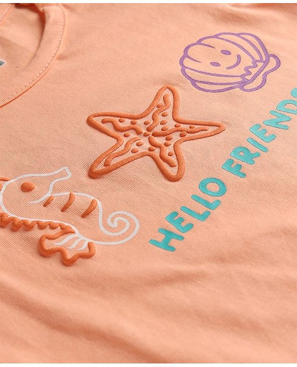 Babyhug Cotton Knit Sleeveless Top & Shorts Night-Suit With Sea Life Print - Dark Peach