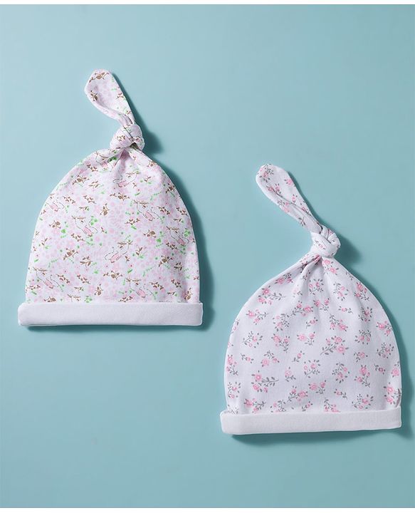 Babyhug 100% Cotton Interlock Knit Cap With Animal Print Pack of 2 White- Diameter 15 cm