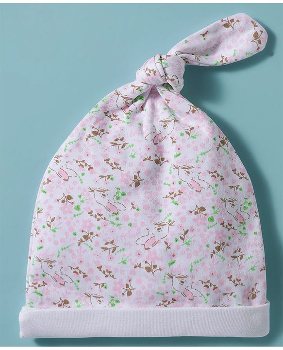 Babyhug 100% Cotton Interlock Knit Cap With Animal Print Pack of 2 White- Diameter 15 cm