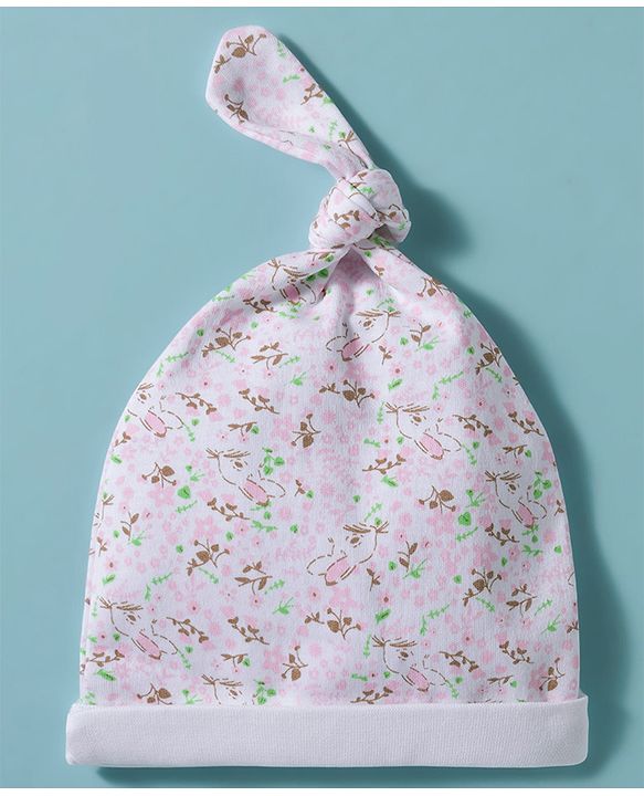 Babyhug 100% Cotton Interlock Knit Cap With Animal Print Pack of 2 White- Diameter 15 cm