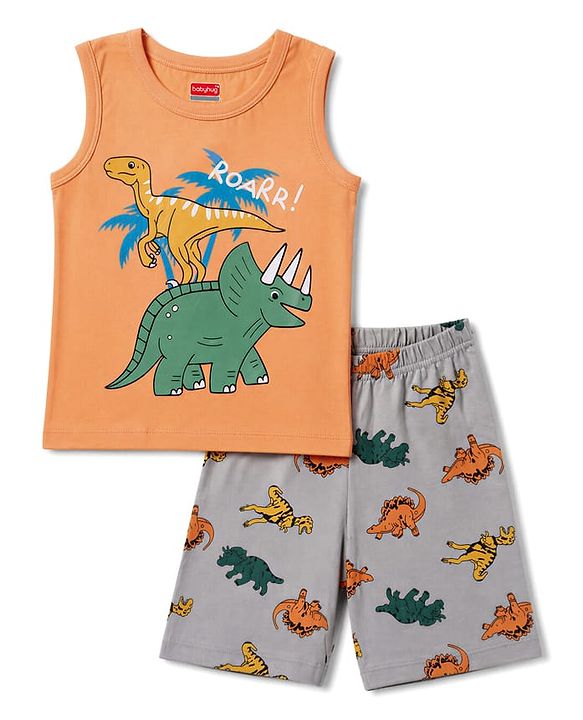 Babyhug Cotton Knit Sleeveless T-Shirt & Shorts Night Suit with Dino Print - Orange