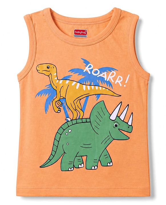 Babyhug Cotton Knit Sleeveless T-Shirt & Shorts Night Suit with Dino Print - Orange
