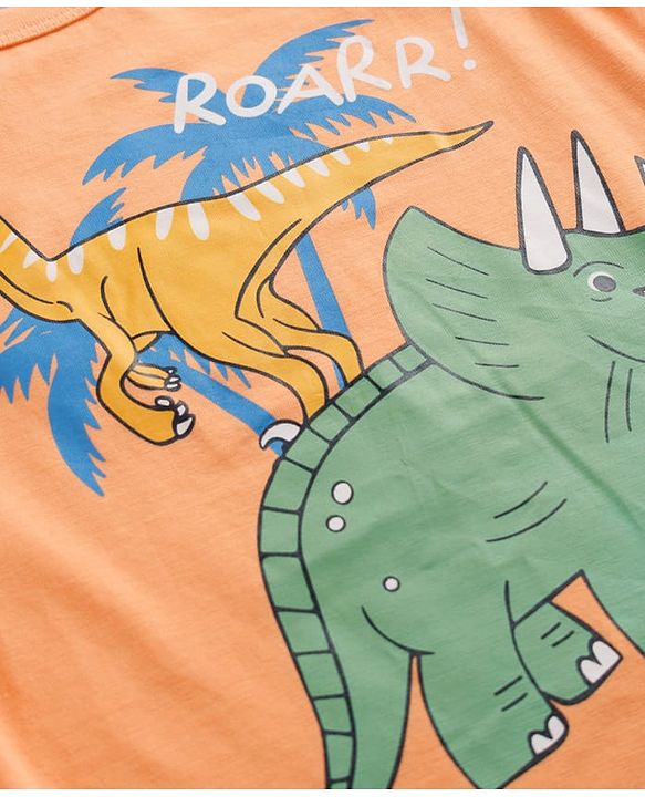 Babyhug Cotton Knit Sleeveless T-Shirt & Shorts Night Suit with Dino Print - Orange