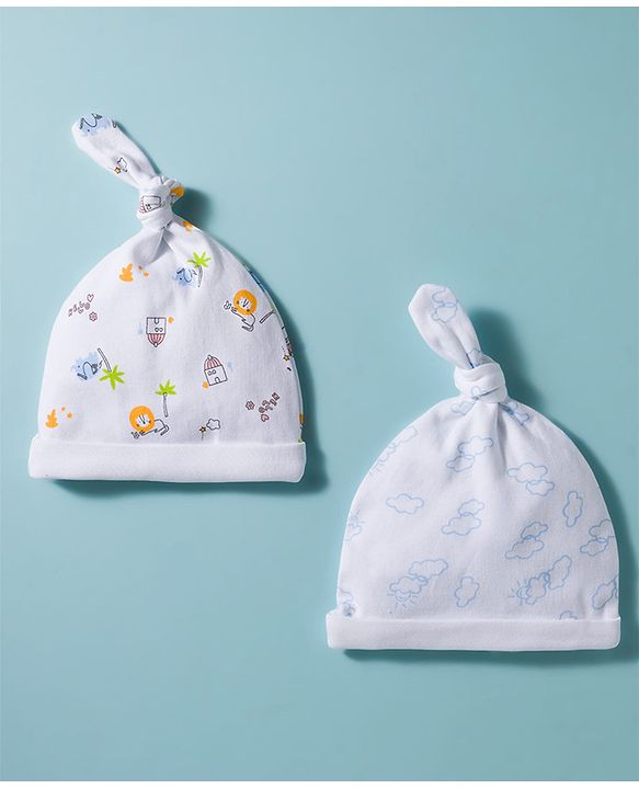Babyhug 100% Cotton Interlock Knit Baby Caps With Floral Print Pack of 2 White- Diameter 17 cm