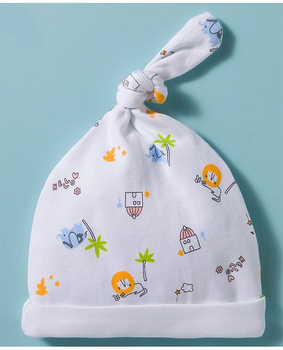 Babyhug 100% Cotton Interlock Knit Baby Caps With Floral Print Pack of 2 White- Diameter 17 cm