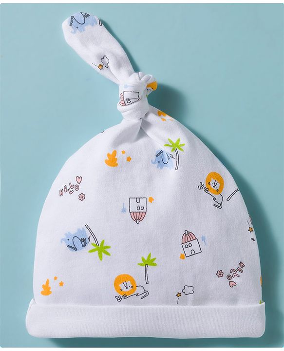 Babyhug 100% Cotton Interlock Knit Baby Caps With Floral Print Pack of 2 White- Diameter 17 cm