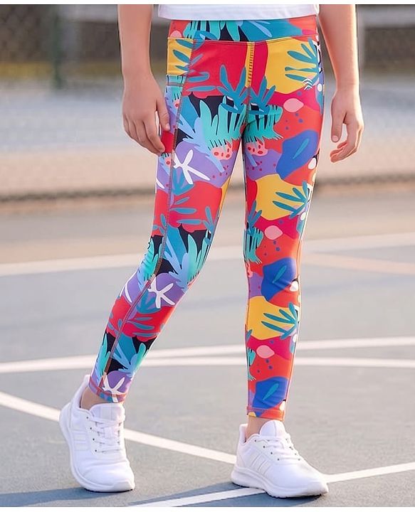 Pine Active Knit Full Length Leggings with Leaf Print - Multicolor