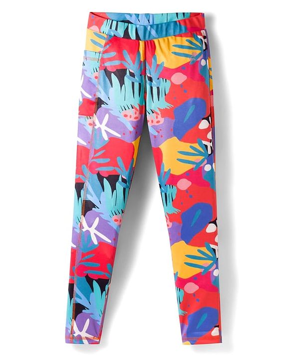 Pine Active Knit Full Length Leggings with Leaf Print - Multicolor