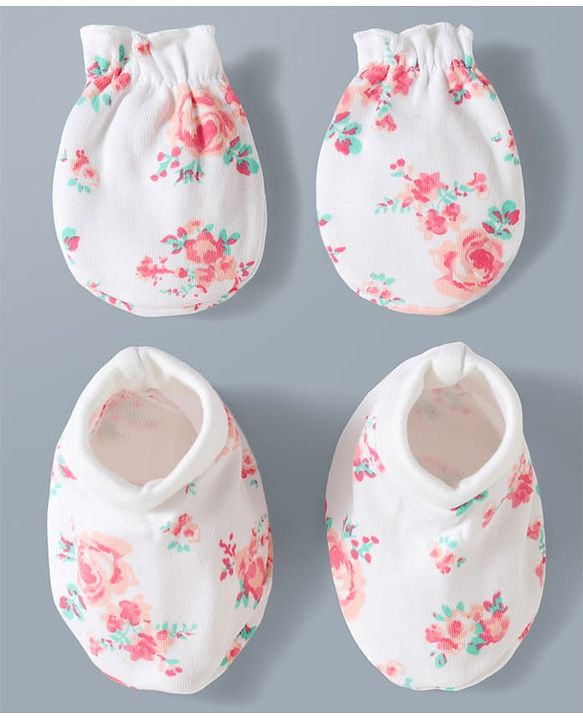 Babyhug 100% Cotton Interlock Knit Mittens & Booties Set With Floral Print - Off White