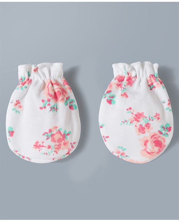 Babyhug 100% Cotton Interlock Knit Mittens & Booties Set With Floral Print - Off White