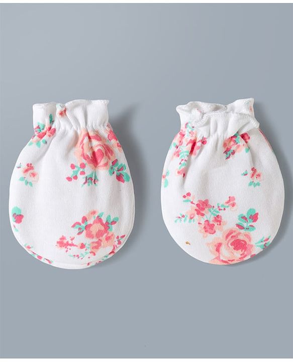 Babyhug 100% Cotton Interlock Knit Mittens & Booties Set With Floral Print - Off White