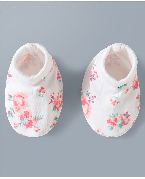 Babyhug 100% Cotton Interlock Knit Mittens & Booties Set With Floral Print - Off White