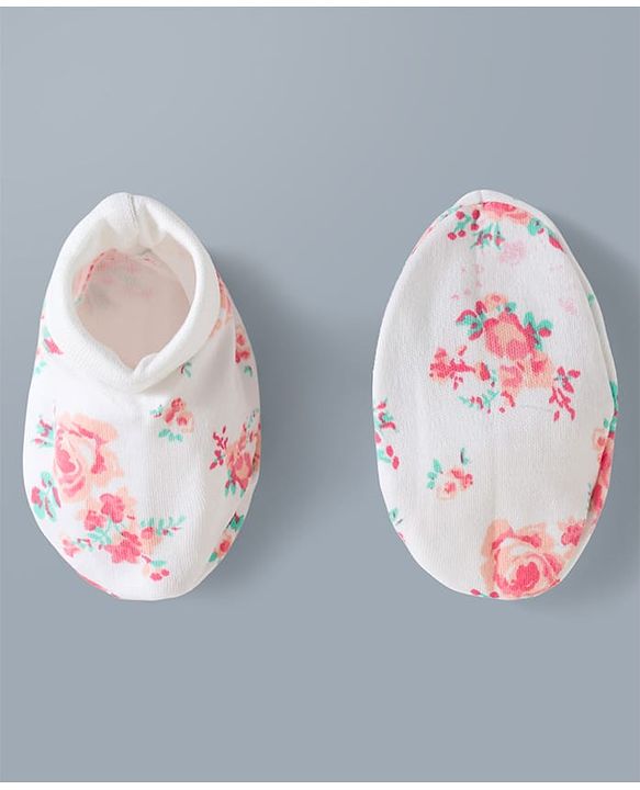 Babyhug 100% Cotton Interlock Knit Mittens & Booties Set With Floral Print - Off White