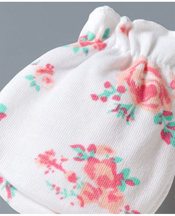 Babyhug 100% Cotton Interlock Knit Mittens & Booties Set With Floral Print - Off White