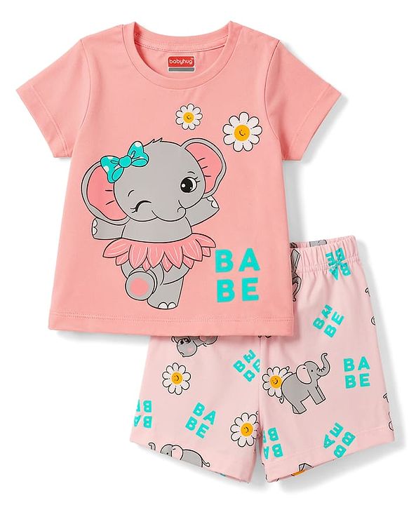 Babyhug Cotton Knit Half Sleeves Elephant & Floral Printed  T-Shirt & Shorts Night Suit - Pink