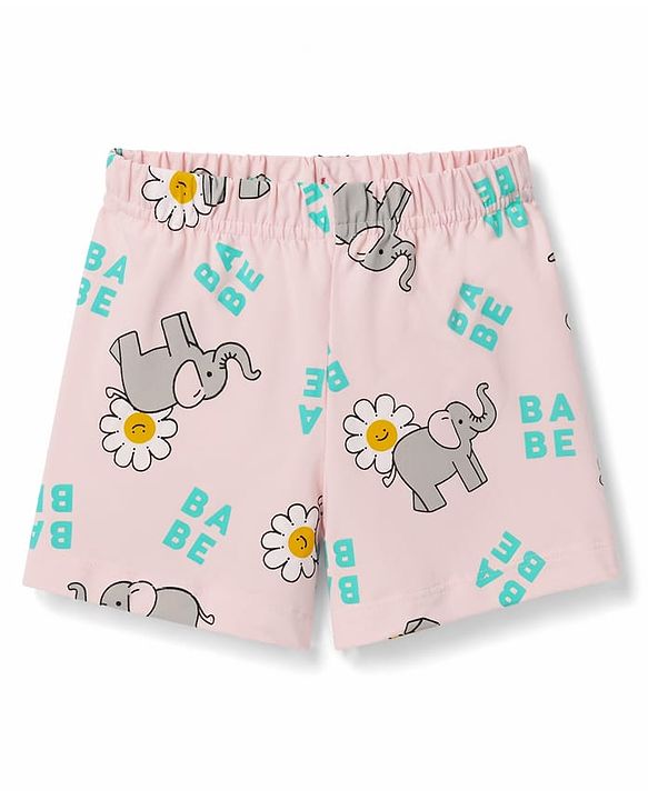 Babyhug Cotton Knit Half Sleeves Elephant & Floral Printed  T-Shirt & Shorts Night Suit - Pink