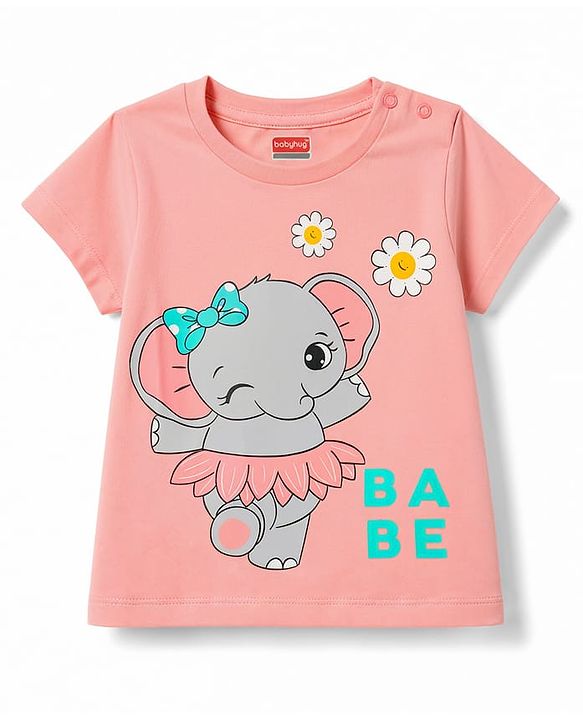 Babyhug Cotton Knit Half Sleeves Elephant & Floral Printed  T-Shirt & Shorts Night Suit - Pink