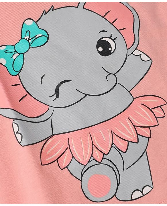 Babyhug Cotton Knit Half Sleeves Elephant & Floral Printed  T-Shirt & Shorts Night Suit - Pink
