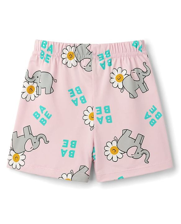 Babyhug Cotton Knit Half Sleeves Elephant & Floral Printed  T-Shirt & Shorts Night Suit - Pink