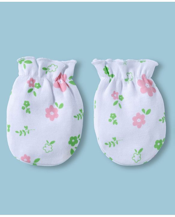 Babyhug 100% Cotton Interlock Knit Mittens & Booties With Floral Print - Multicolor