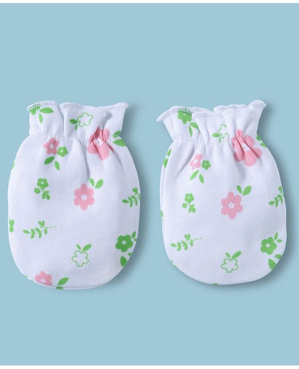 Babyhug 100% Cotton Interlock Knit Mittens & Booties With Floral Print - Multicolor
