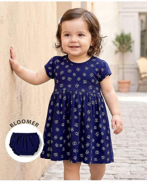 Babyhug Single Jersey Knit Half Sleeves Frock With Butterfly Print & Bloomer - Navy Blue