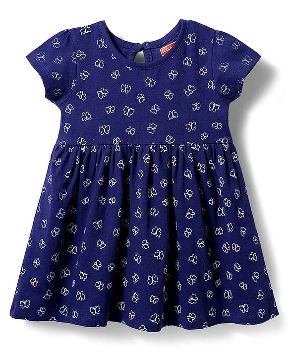 Babyhug Single Jersey Knit Half Sleeves Frock With Butterfly Print & Bloomer - Navy Blue