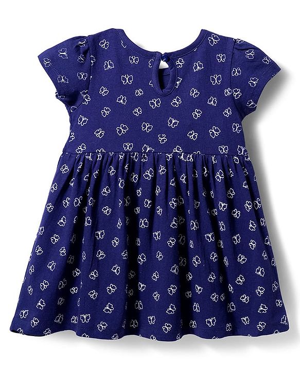 Babyhug Single Jersey Knit Half Sleeves Frock With Butterfly Print & Bloomer - Navy Blue
