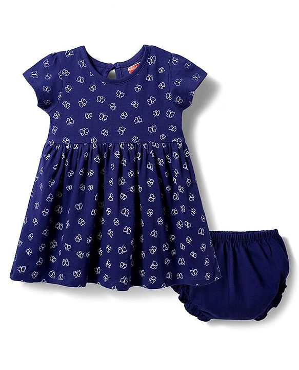 Babyhug Single Jersey Knit Half Sleeves Frock With Butterfly Print & Bloomer - Navy Blue