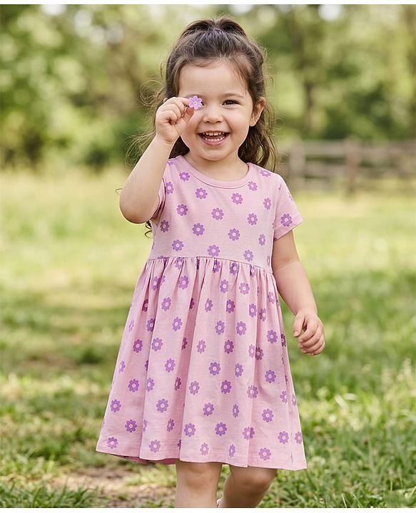 Babyhug Single Jersey Knit Half Sleeves Floral Printed Frock With Bloomer - Pink