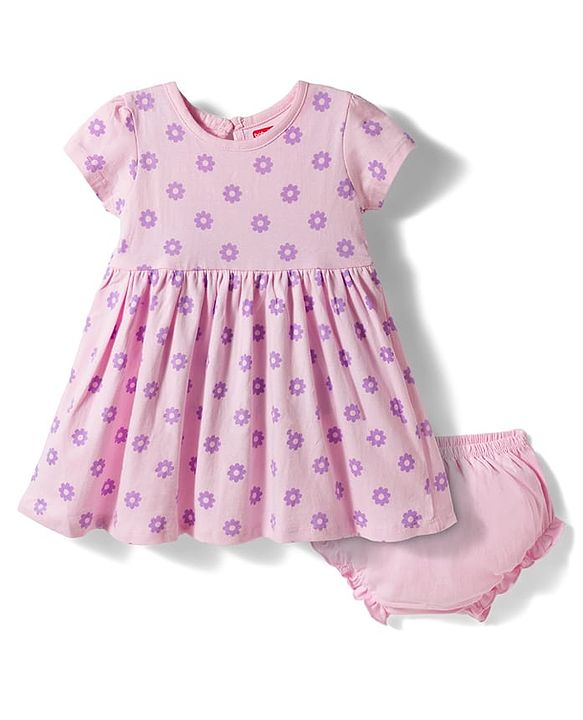 Babyhug Single Jersey Knit Half Sleeves Floral Printed Frock With Bloomer - Pink