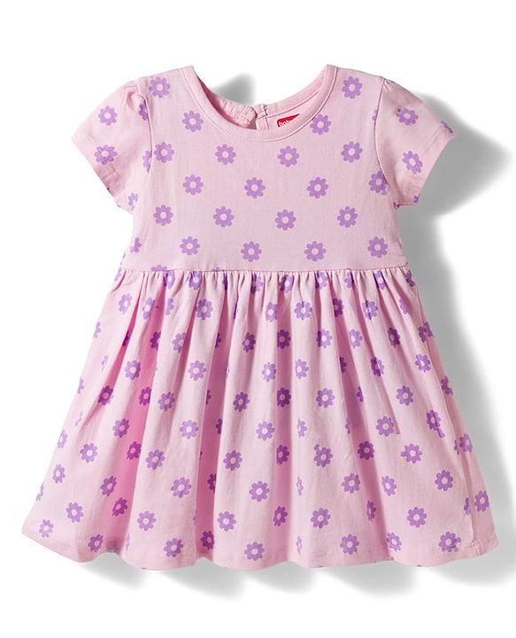 Babyhug Single Jersey Knit Half Sleeves Floral Printed Frock With Bloomer - Pink