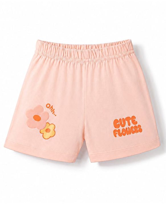 Babyhug Half Sleeves T-Shirt & Shorts Night Suit With Floral Print - Peach
