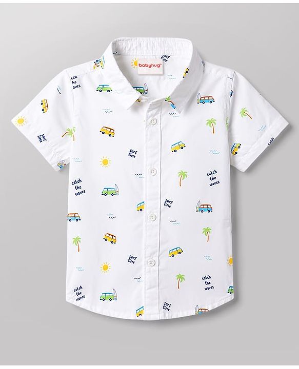 Babyhug 100% Cotton Woven Half Sleeve Regular Collar Beach Theme Shirt White 12-18 Months