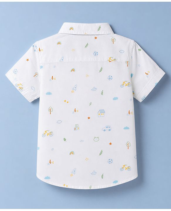 Babyhug 100% Cotton Woven Half Sleeves Shirt with Boat & Car Print -White
