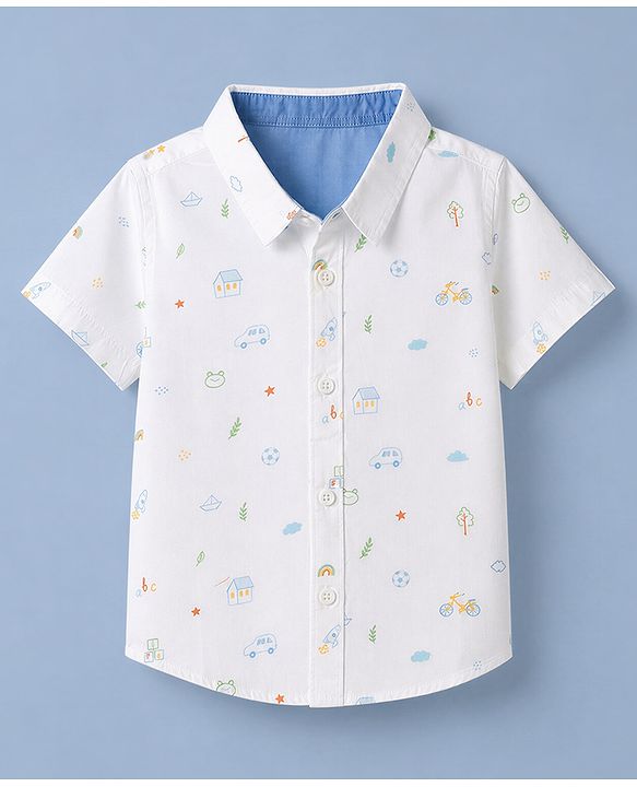Babyhug 100% Cotton Woven Half Sleeves Shirt with Boat & Car Print -White