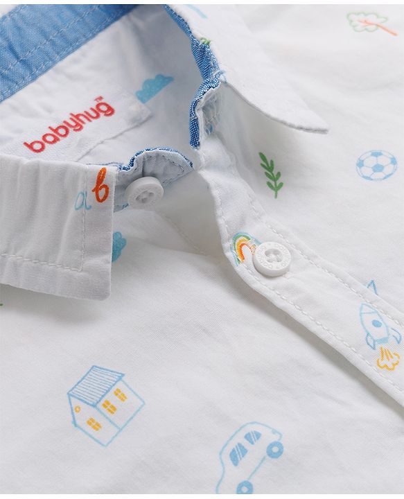 Babyhug 100% Cotton Woven Half Sleeves Shirt with Boat & Car Print -White