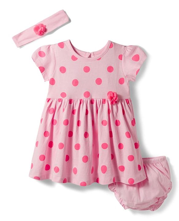 Babyhug Single Jersey Knit Half Sleeves Polka Dot Printed Frock With Bloomer & Headband - Pink